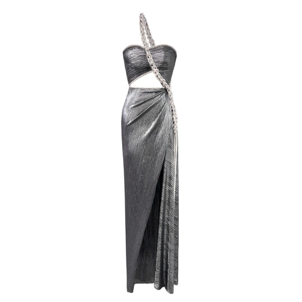 Silver Plissé Dress with Crystal Rope