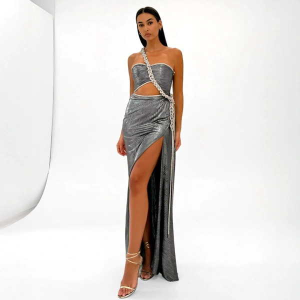 SemSem Silver Plissé Dress with Crystal Rope | Maxi Dresses | Coveti