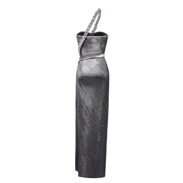 SemSem Silver Plissé Dress with Crystal Rope | Maxi Dresses | Coveti