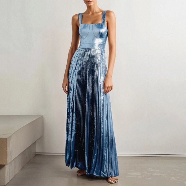 SemSem Sky Blue Pleated Sequin Tulle Gown | Evening Gowns | Coveti