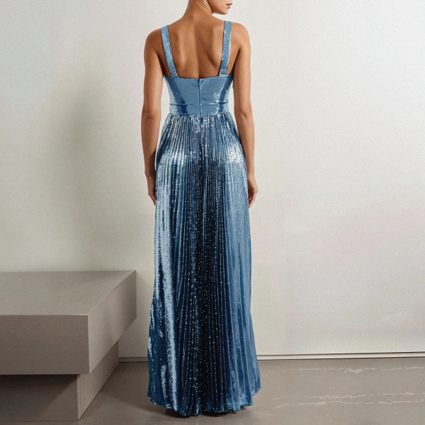 SemSem Sky Blue Pleated Sequin Tulle Gown | Evening Gowns | Coveti