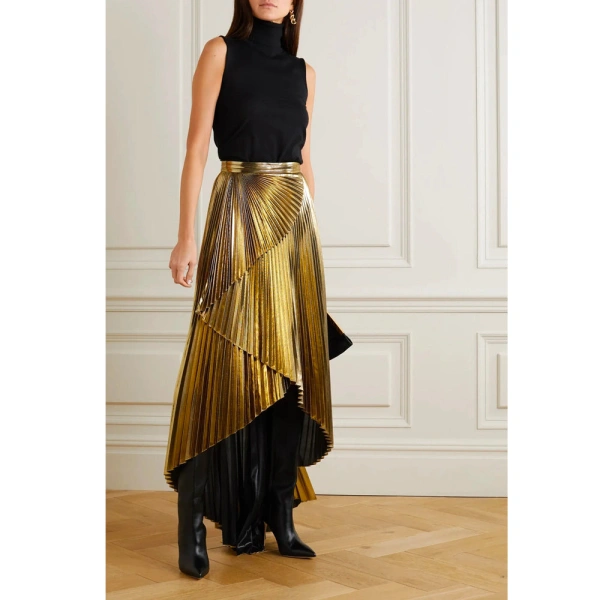 SemSem Wrap-Effect Layered Pleated Lamé Maxi Skirt in Gold | Skirts | Coveti