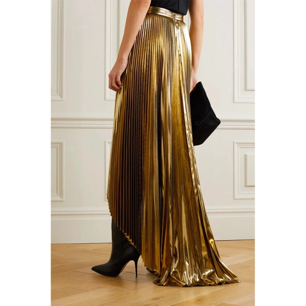 SemSem Wrap-Effect Layered Pleated Lamé Maxi Skirt in Gold | Skirts | Coveti