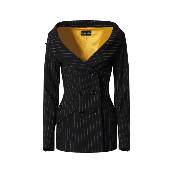 Black Pinstripe Off The Shoulder Blazer