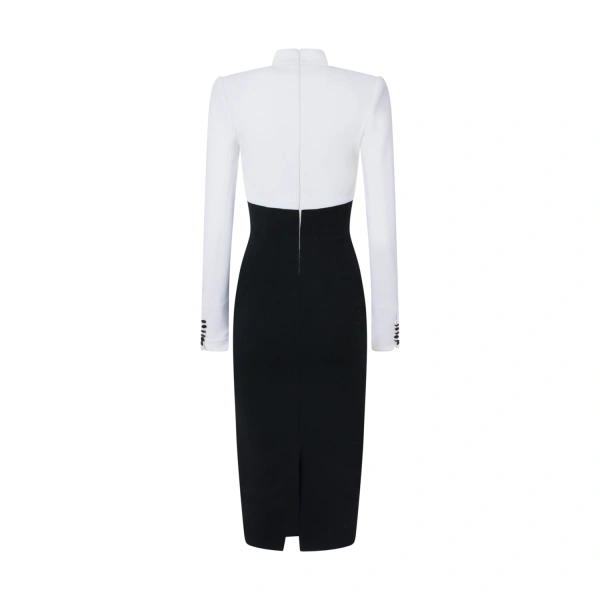 Sergio Hudson Black and White Mock Neck Button Front Midi Dress | Midi Dresses | Coveti