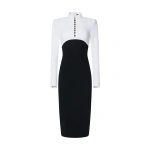Sergio Hudson Black and White Mock Neck Button Front Midi Dress | Midi Dresses | Coveti
