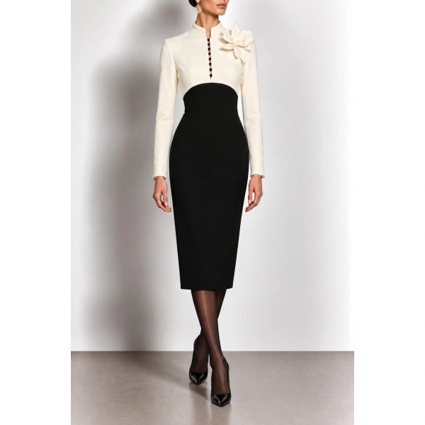Sergio Hudson Black and White Mock Neck Button Front Midi Dress | Midi Dresses | Coveti