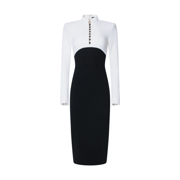Black and White Mock Neck Button Front Midi Dress