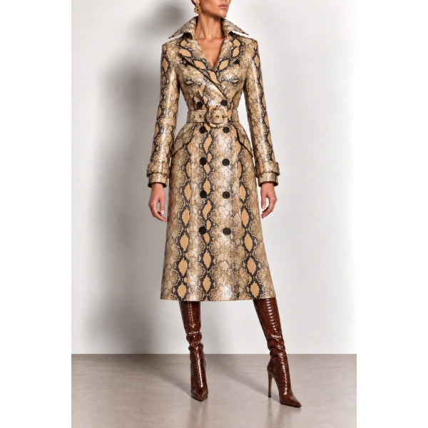 Sergio Hudson Camel Snakeskin Leather Cupped Trench Dress | Midi Dresses | Coveti