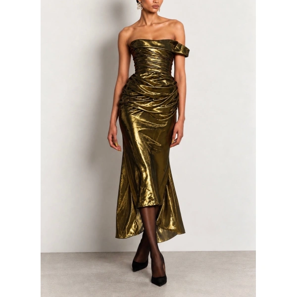 Sergio Hudson Gold Lamé Cocktail Dress | Cocktail Dresses | Coveti