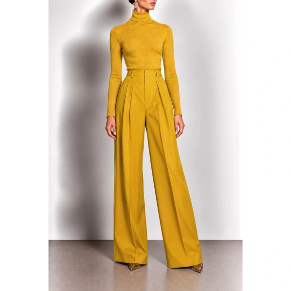 Sergio Hudson Mustard High Waisted Pleated Pant | Tailored Pants | Coveti