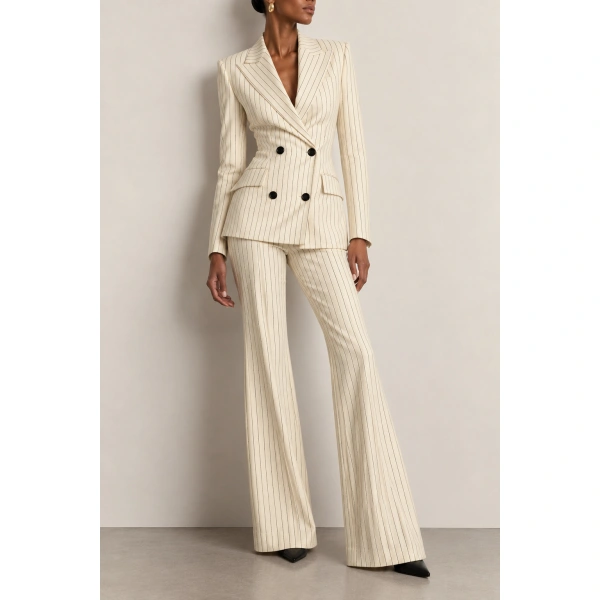 Sergio Hudson White Pinstripe High Waisted Bootcut Pant | Tailored Pants | Coveti