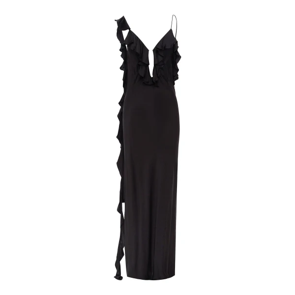 Agnes Ruffle Slip Bias Maxi Dress in Black