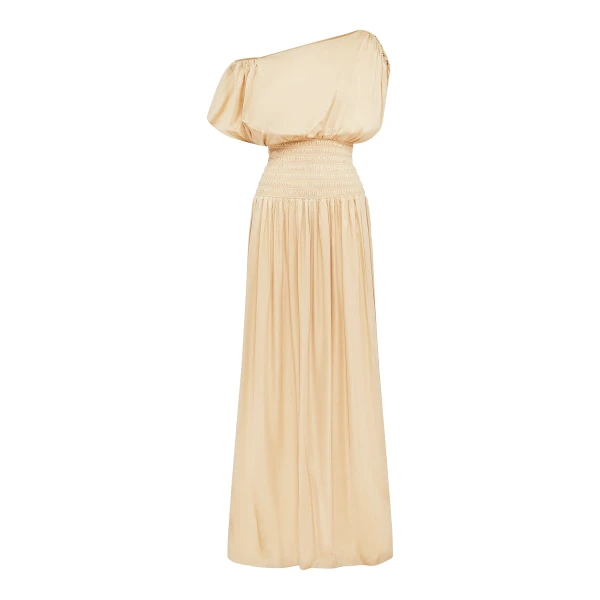 Agnes Shirred Asymmetrical Blouson Maxi Dress in Oat