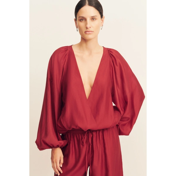Shona Joy Aura Sheer Blouson Top in Rouge, view 3