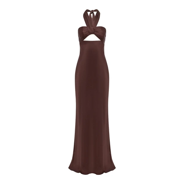 La Lune Ruched Halter Maxi Dress in Espresso