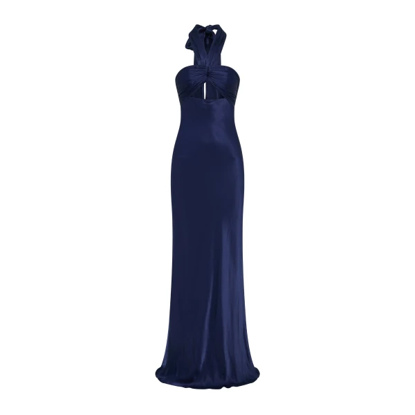 La Lune Ruched Halter Maxi Dress in Midnight