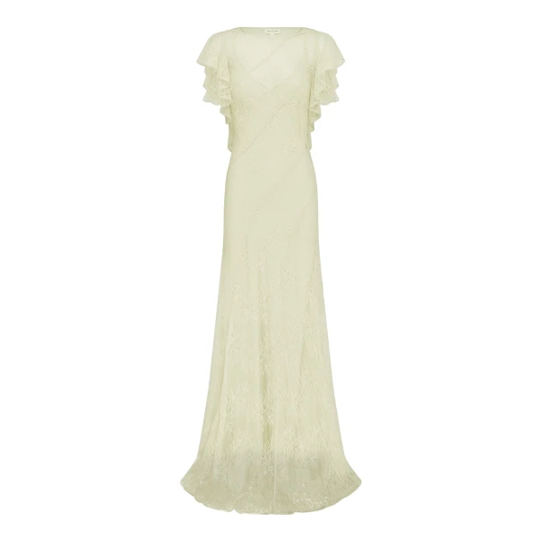 Labyrinth Sheer Lace Panelled Maxi Dress in Canary Green