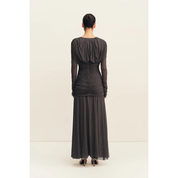Shona Joy Mira Mesh Plunged Gathered Maxi Dress