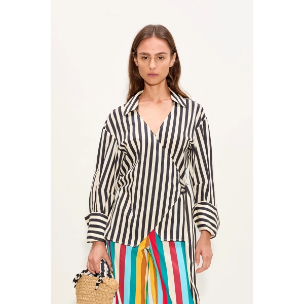 Simon Miller Anya Poplin Wrap Top in Black and White Stripe | Shirts | Coveti