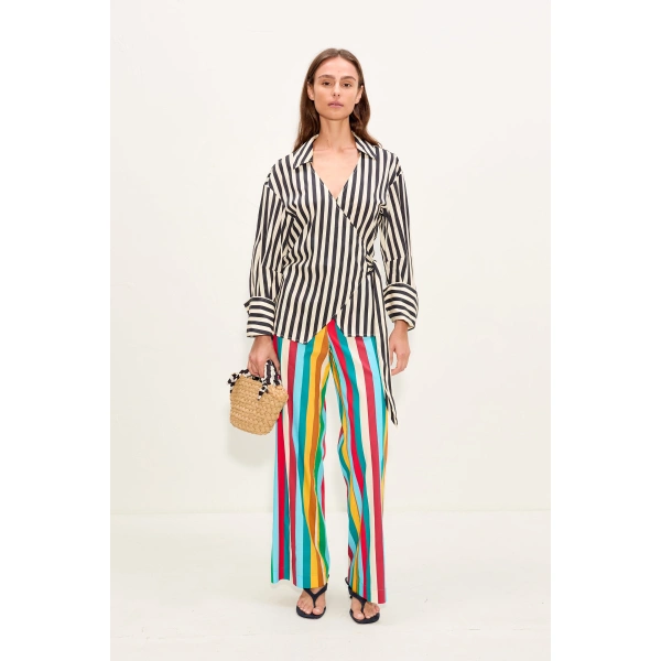 Simon Miller Anya Poplin Wrap Top in Black and White Stripe | Shirts | Coveti