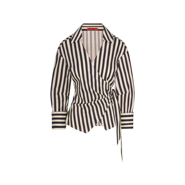 Simon Miller Anya Poplin Wrap Top in Black and White Stripe | Shirts | Coveti