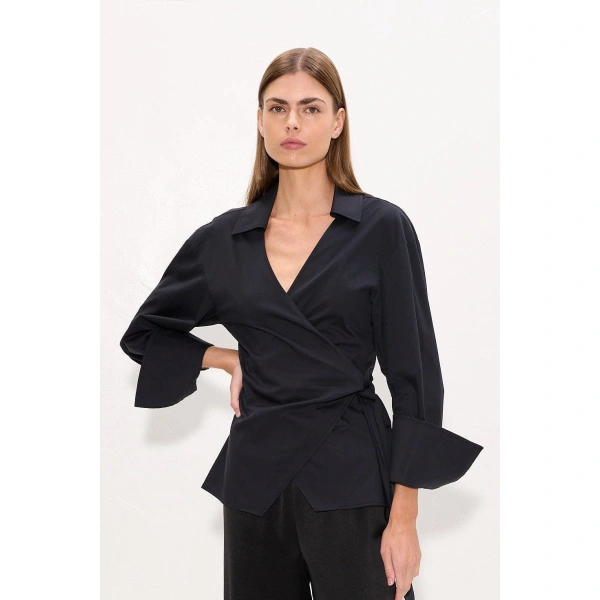 Simon Miller Anya Poplin Wrap Top in Black | Shirts | Coveti