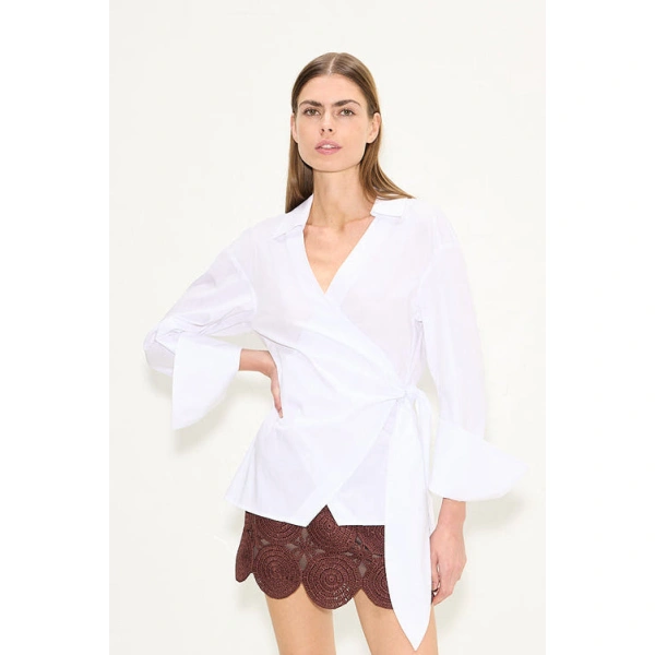 Simon Miller Anya Poplin Wrap Top in Macadamia | Shirts | Coveti