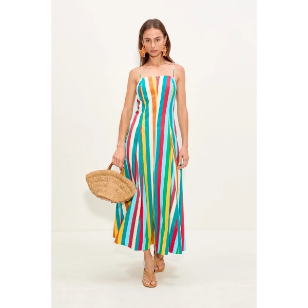 Simon Miller Astrid Poplin Dress in Vibrant Multi Stripe | Maxi Dresses | Coveti