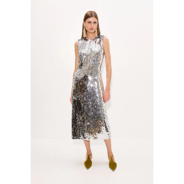 Simon Miller Baz Sequin Dress in Satellite Silver | Midi Dresses | Coveti