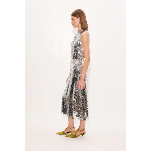 Simon Miller Baz Sequin Dress in Satellite Silver | Midi Dresses | Coveti
