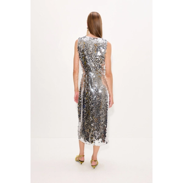 Simon Miller Baz Sequin Dress in Satellite Silver | Midi Dresses | Coveti