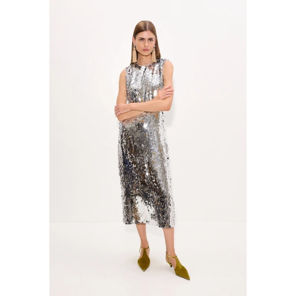 Simon Miller Baz Sequin Dress in Satellite Silver | Midi Dresses | Coveti