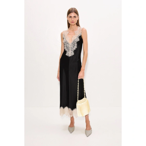 Simon Miller Bea Satin Lace Midi Dress in Black | Midi Dresses | Coveti