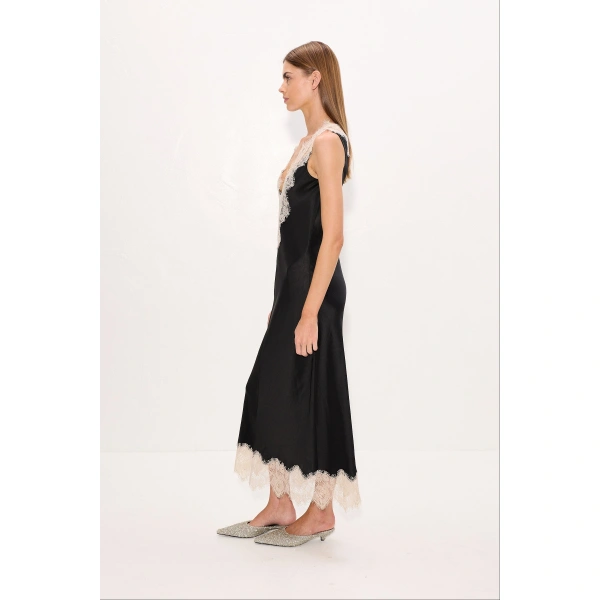 Simon Miller Bea Satin Lace Midi Dress in Black | Midi Dresses | Coveti