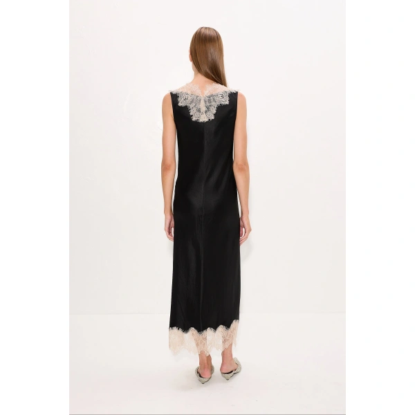 Simon Miller Bea Satin Lace Midi Dress in Black | Midi Dresses | Coveti