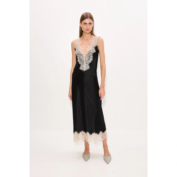 Simon Miller Bea Satin Lace Midi Dress in Black | Midi Dresses | Coveti