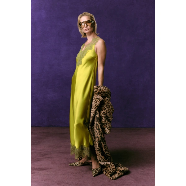 Simon Miller Bea Satin Lace Midi Dress in Chartreuse | Midi Dresses | Coveti