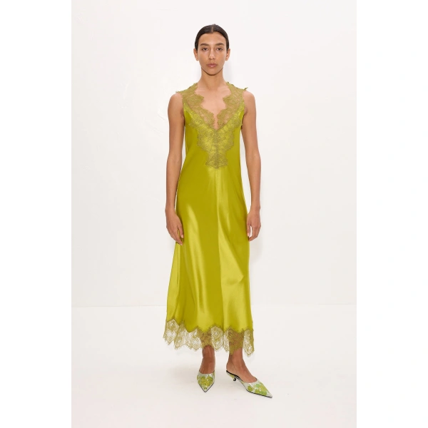 Simon Miller Bea Satin Lace Midi Dress in Chartreuse | Midi Dresses | Coveti