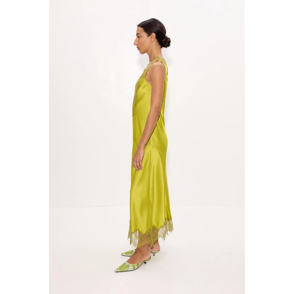 Simon Miller Bea Satin Lace Midi Dress in Chartreuse | Midi Dresses | Coveti