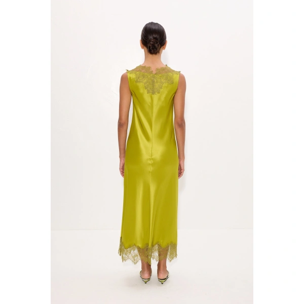 Simon Miller Bea Satin Lace Midi Dress in Chartreuse | Midi Dresses | Coveti