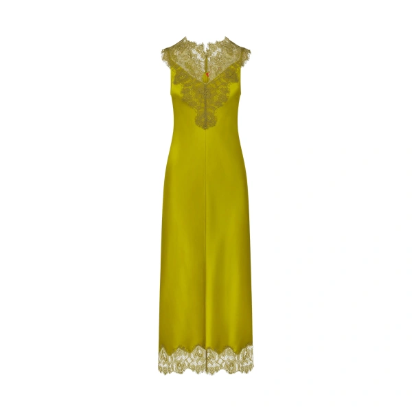 Bea Satin Lace Midi Dress in Chartreuse