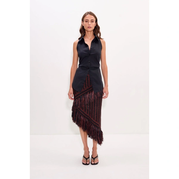 Simon Miller Beja Midi Skirt in Choco Brown and Black Combo | Midi Skirts | Coveti
