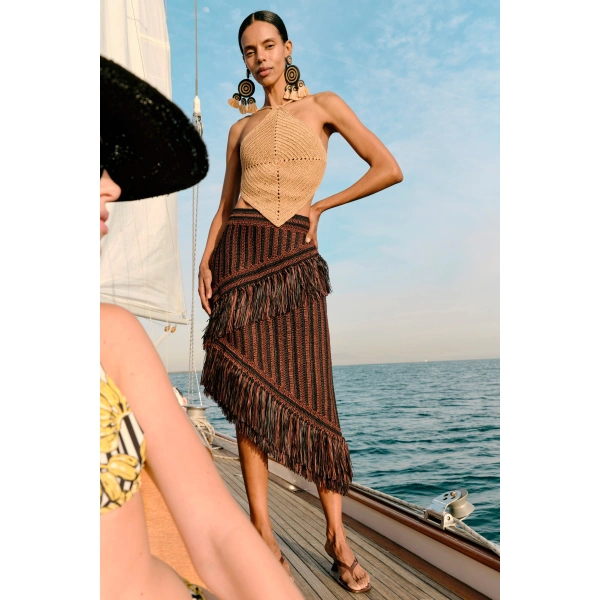 Simon Miller Beja Midi Skirt in Choco Brown and Black Combo | Midi Skirts | Coveti