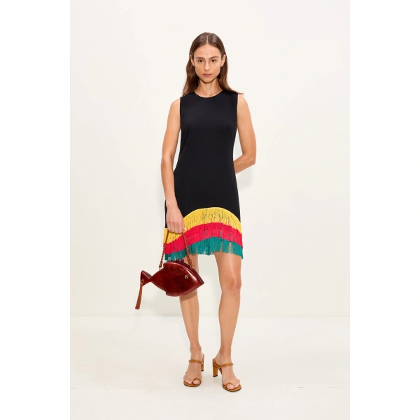 Simon Miller Bowie Fringe Mini Dress in Black Multi | Mini Dresses | Coveti
