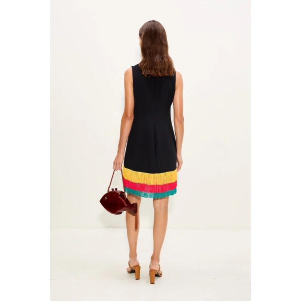 Simon Miller Bowie Fringe Mini Dress in Black Multi | Mini Dresses | Coveti