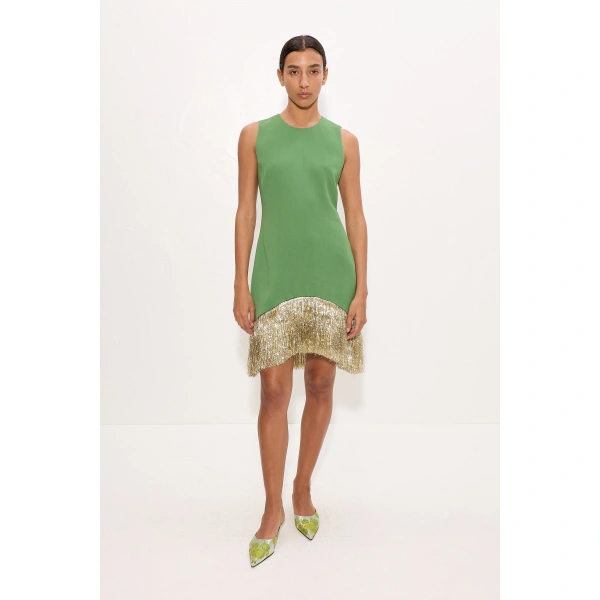 Simon Miller Bowie Fringe Mini Dress in Spruce Green | Mini Dresses | Coveti