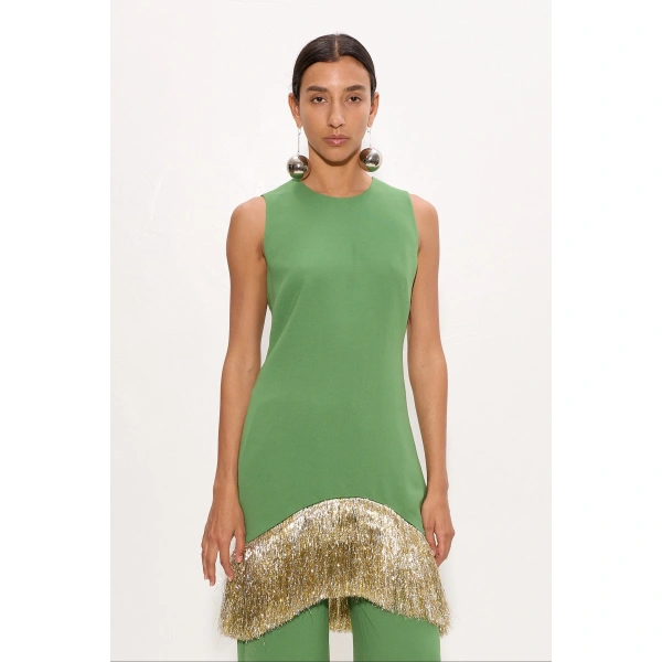 Simon Miller Bowie Fringe Mini Dress in Spruce Green | Mini Dresses | Coveti