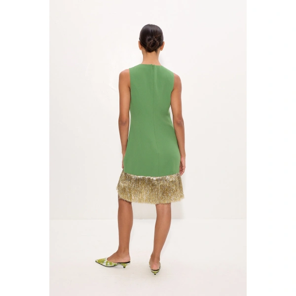 Simon Miller Bowie Fringe Mini Dress in Spruce Green | Mini Dresses | Coveti