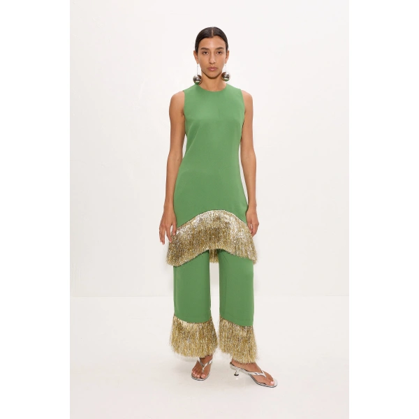Simon Miller Bowie Fringe Mini Dress in Spruce Green | Mini Dresses | Coveti